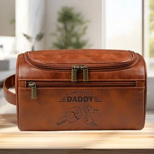 Dad & Kids Fist Bump - Personalized Leather Toiletry Bag - Gift For Father, Gift For Grandpa, Father's Day Gift