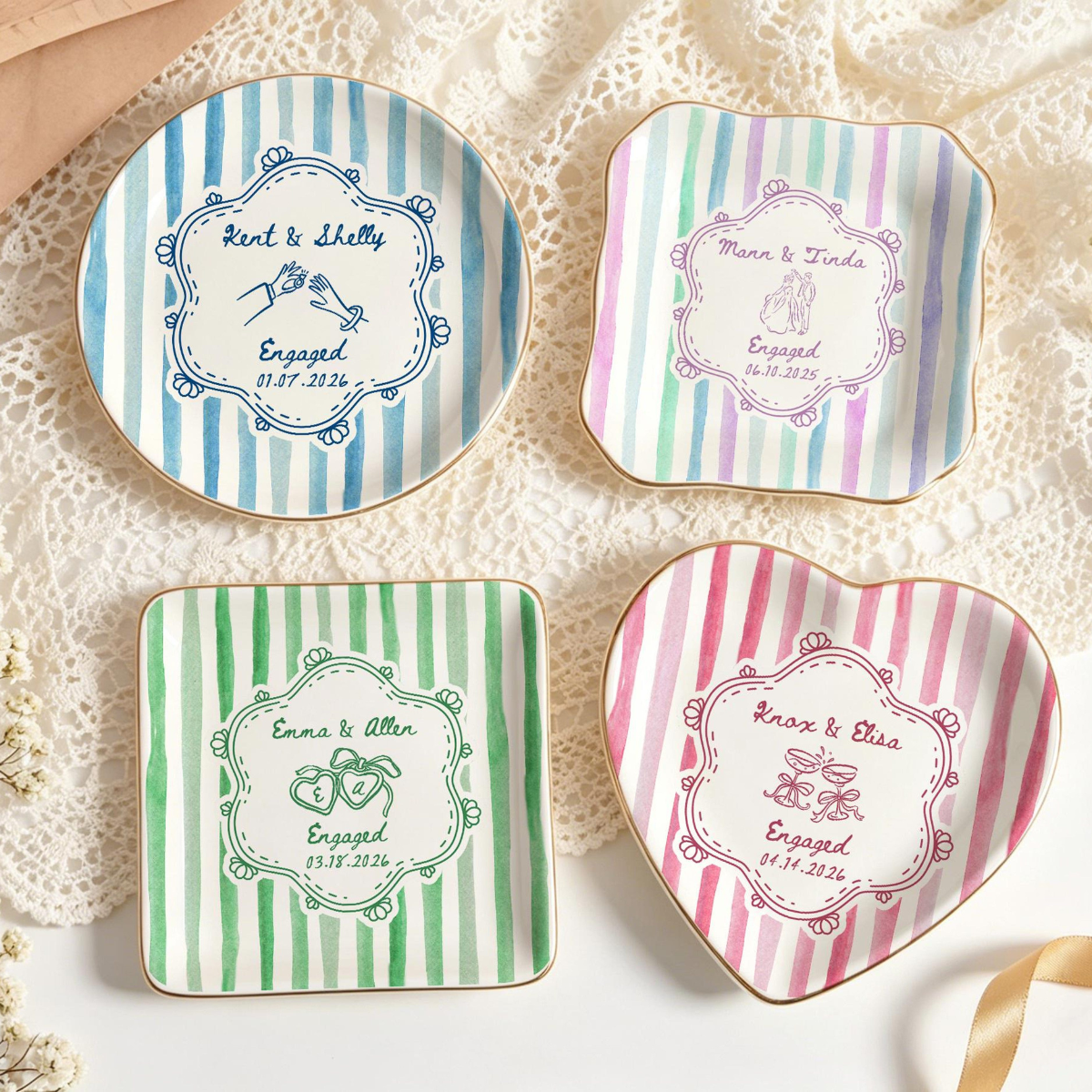 Personalized Wedding Ring Dish, Colorful Stripe Jewelry Dish for Couple, Sentimental Gift for Bride, Engagement Gift, Anniversary