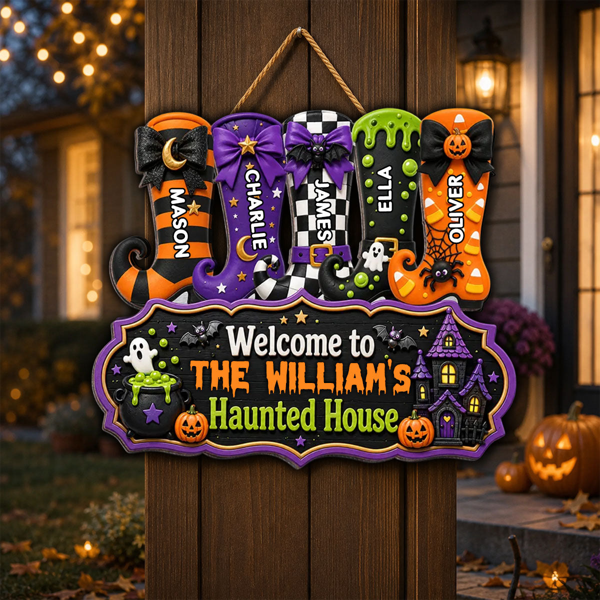 Whimsical Halloween Welcome To Grandma Grandpa Haunted House Witch Boots - Personalized Wood Sign - Halloween Decoration For Grandparents