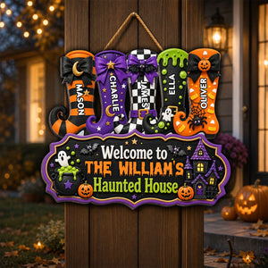 Whimsical Halloween Welcome To Grandma Grandpa Haunted House Witch Boots - Personalized Wood Sign - Halloween Decoration For Grandparents