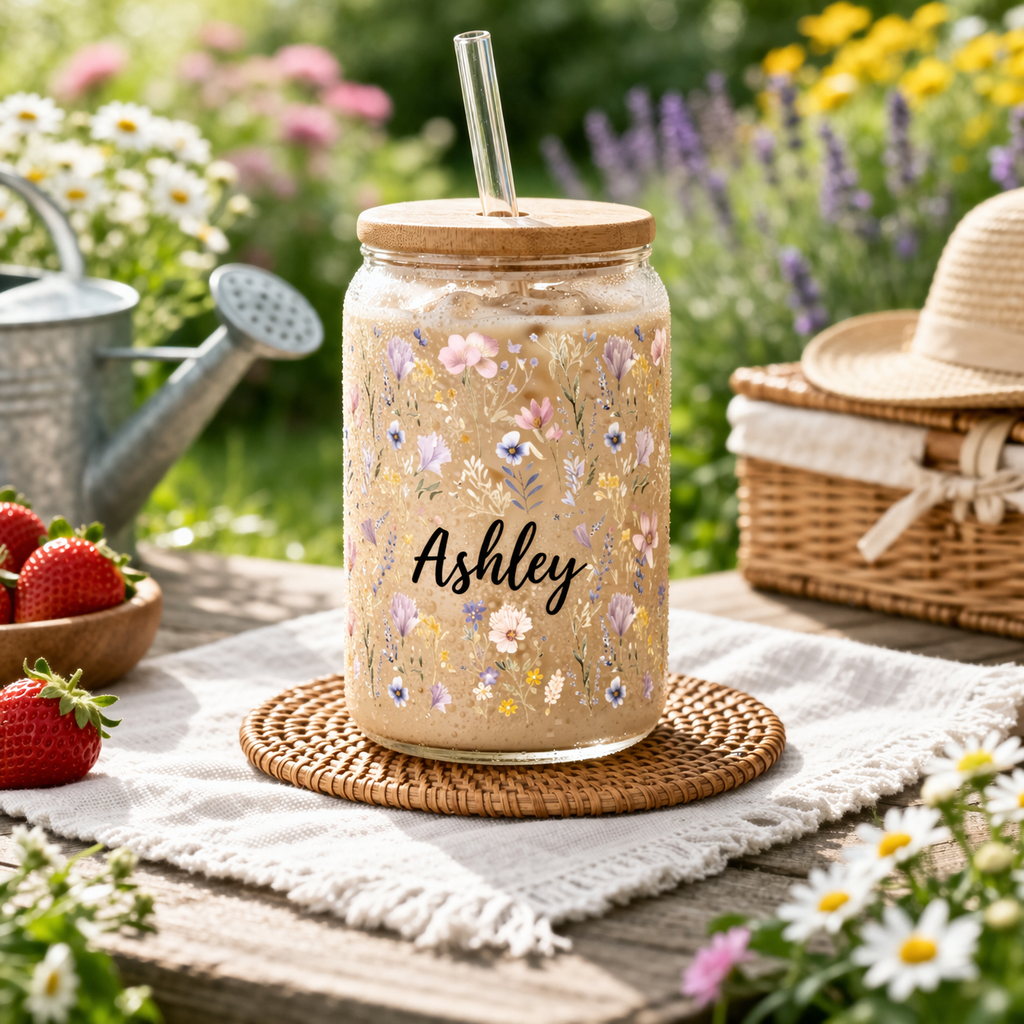 Personalized Wildflowers Mug, Bridesmaid Proposal Flower Mugs, Floral Iced Coffee Glass Cup