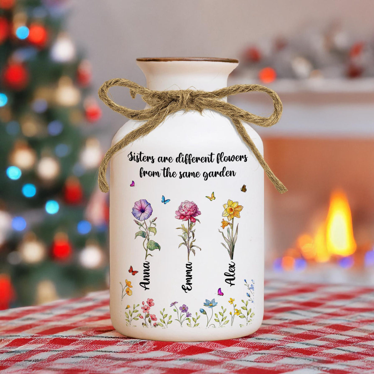 Sisters Are Different Flowers From Same The Garden, Personalized Ceramic Flower Vase, Custom Birth Flowers Family Gift