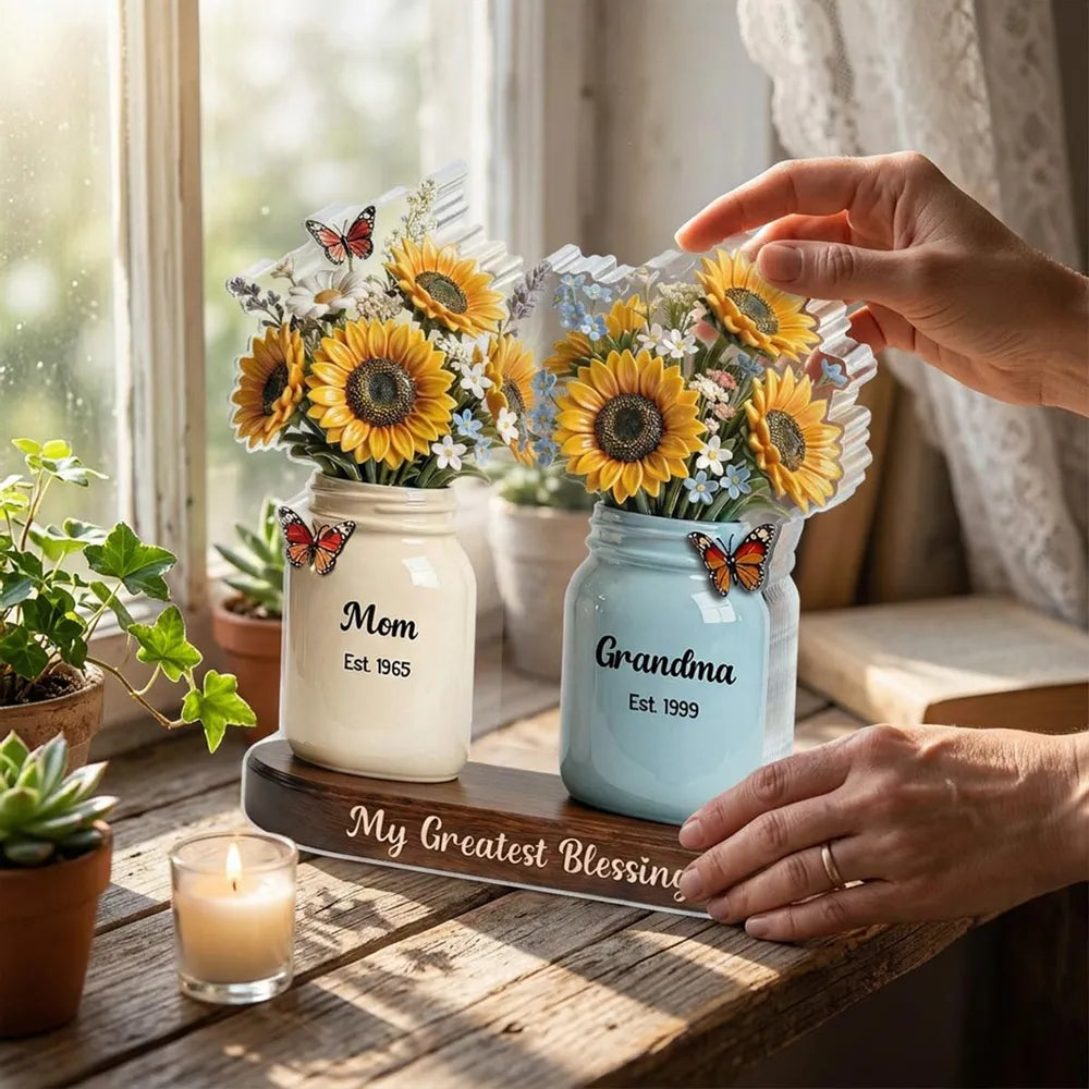 Mom Grandma Sunflowers Jars Est. Years 2D Flat - Personalized Acrylic Block - Gift For Grandma, Mother's Day Gift