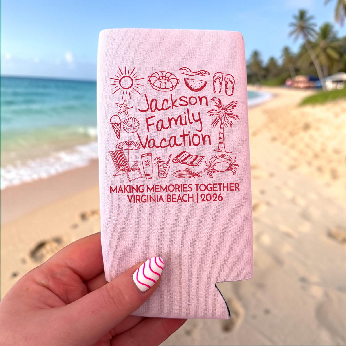 Beach Family Vacation Can Coolers - Coastal Family Reunion Can Sleeve - Beach Party Decor - Custom Gift for Family Trip