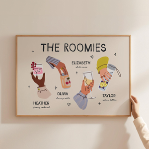Custom Roommate Drink Art, Personalized Illustration Print, Trendy Dorm Wall Decor