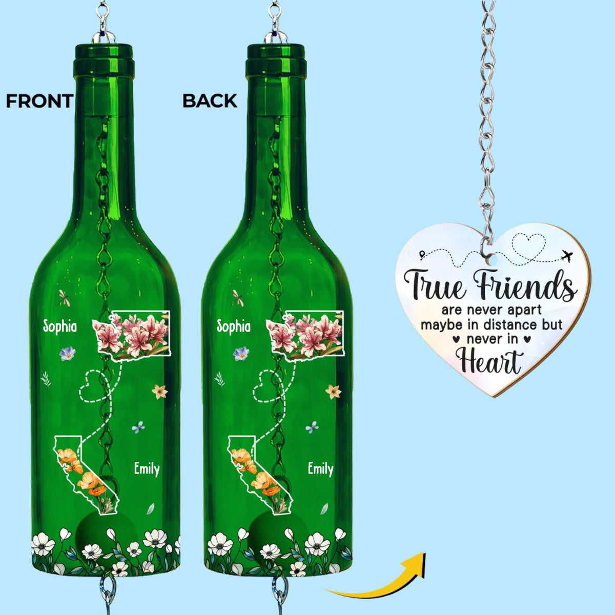 Long Distance Friends - Personalized Wine Bottle Wind Chime - Gift For Sisters, Besties, Friends