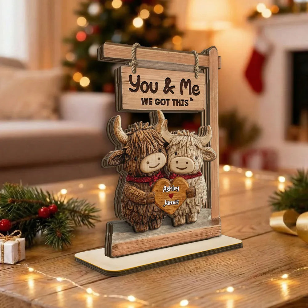 3D Effect Highland Cows Couple - Personalized Wooden Plaque - Gift For Him, Gift For Her