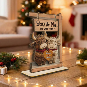 3D Effect Highland Cows Couple - Personalized Wooden Plaque - Gift For Him, Gift For Her