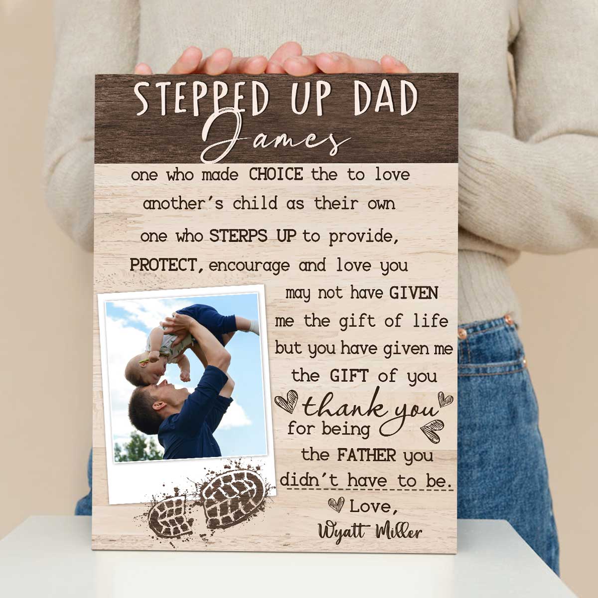 Stepped Up Dad Wood Picture Canvas, Custom Father's Day Stepped Up Dad Gift, Personalized Photo Gift For Stepfather