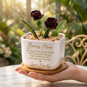 Custom Message Glass Flower Pot for Stepmom, Personalized Bonus Mom Keepsake, Glass Rose Flower Box, Meaningful Gift for Second Mom