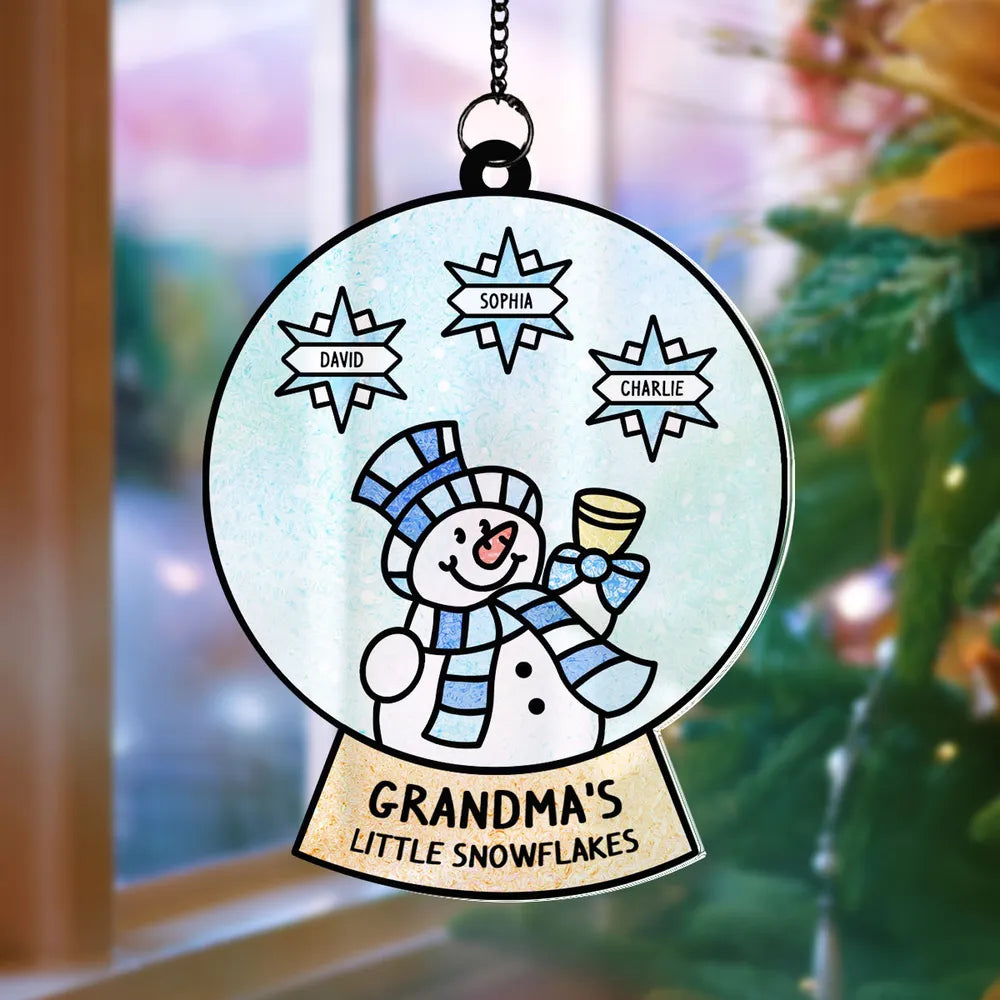 Grandma Grandchild Snowman Family Personalized Suncatcher, Christmas Stained Glass Decor For Mom & Grandma