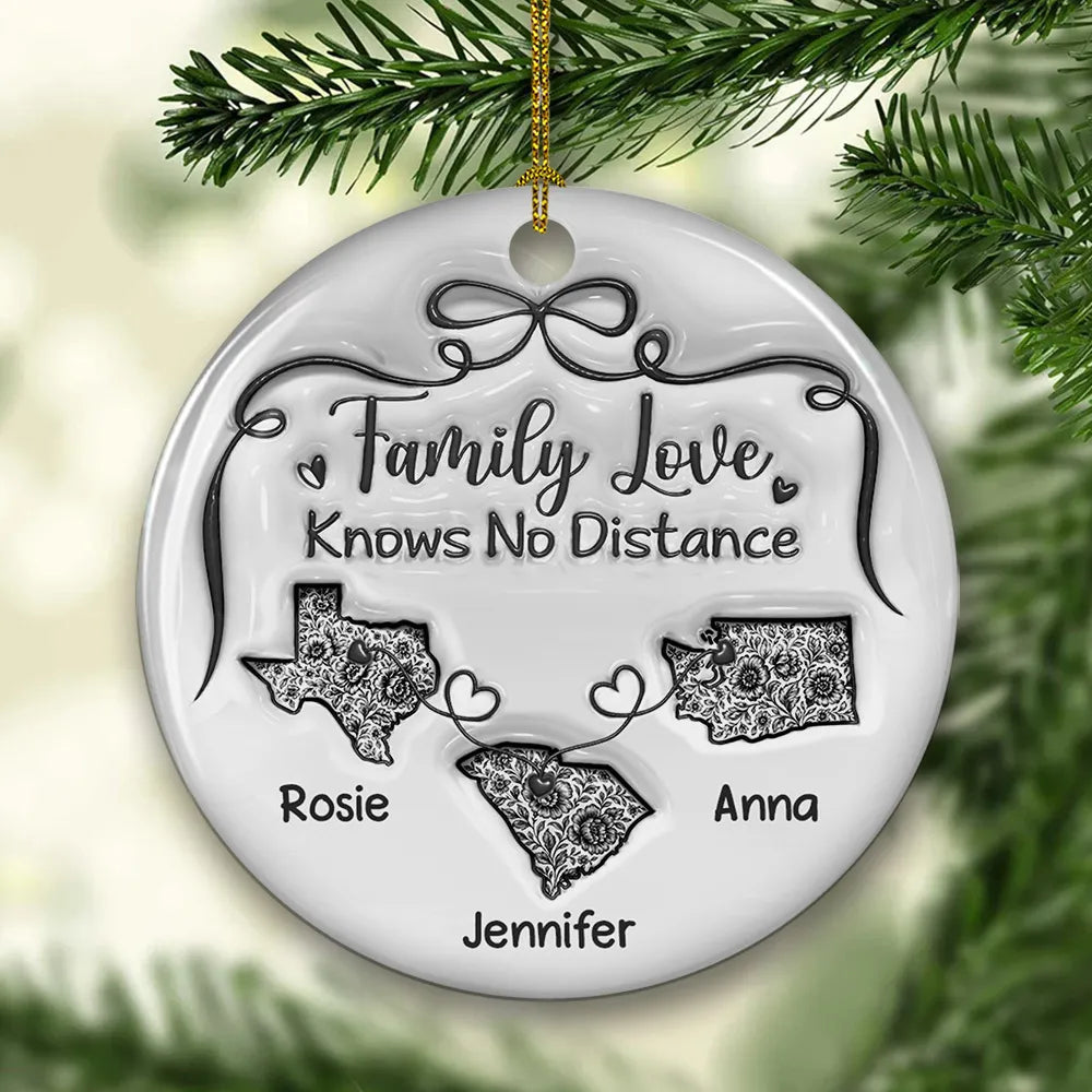 Family Love Knows No Distance Toile De Jouy - Personalized 3D Inflated Effect Ornament - Gift For Family, Christmas Gift