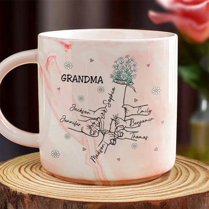 Mom And Kids Holding Hands - Personalized Marble Mug - Gift For Mom, Grandma, Mother's Day, Birthday Gift