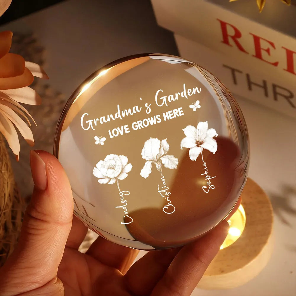 Grandma's Garden 3D Effect Birth Month Flowers - Personalized Crystal Ball LED Night Light - Gift For Mom, Grandma, Mother's Day Gift