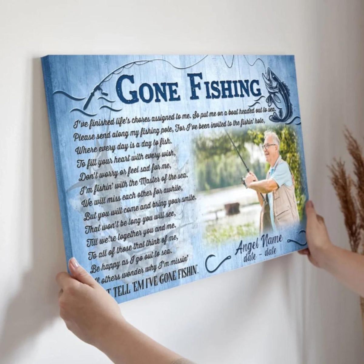 Memorial Gone Fishing - Personalized Canvas - Sympathy Gift for Family, Memorial Father Grandpa