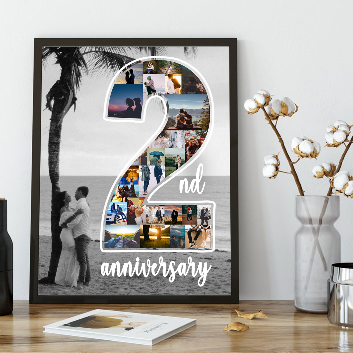 Personalize Second Anniversary Gift for husband, 2 Year Anniversary Gift for Him, Number 2 Collage Gift