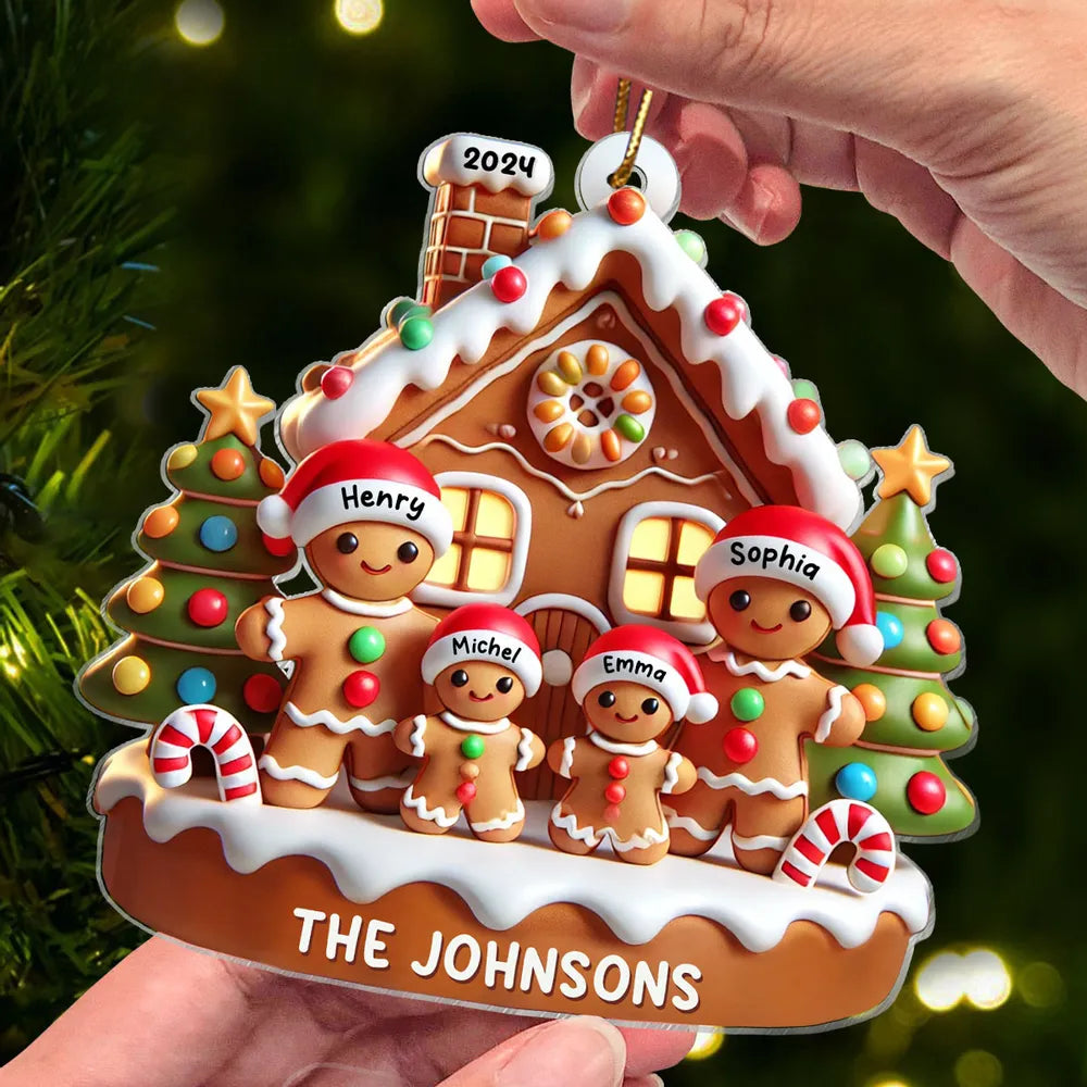 Gingerbread Family With Gingerbread House 3D Effect - Personalized Acrylic Ornament - Christmas Gift For Family