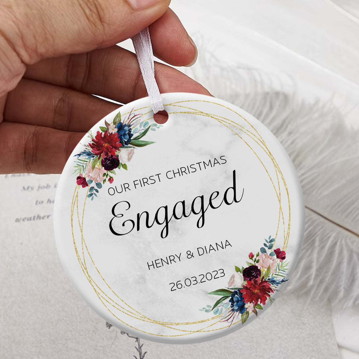 First Christmas Engaged Tropical Flowers - Personalized Ornament - Christmas Gift