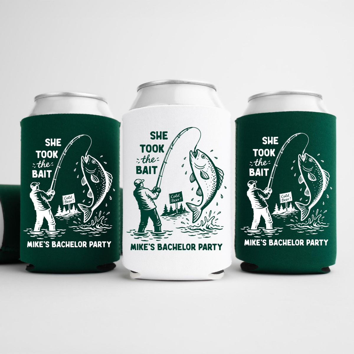 She Took The Bait Bachelor Can Coolers - Custom Fishing Bachelor Party Favors - Personalized Cozies in Regular and Slim Size