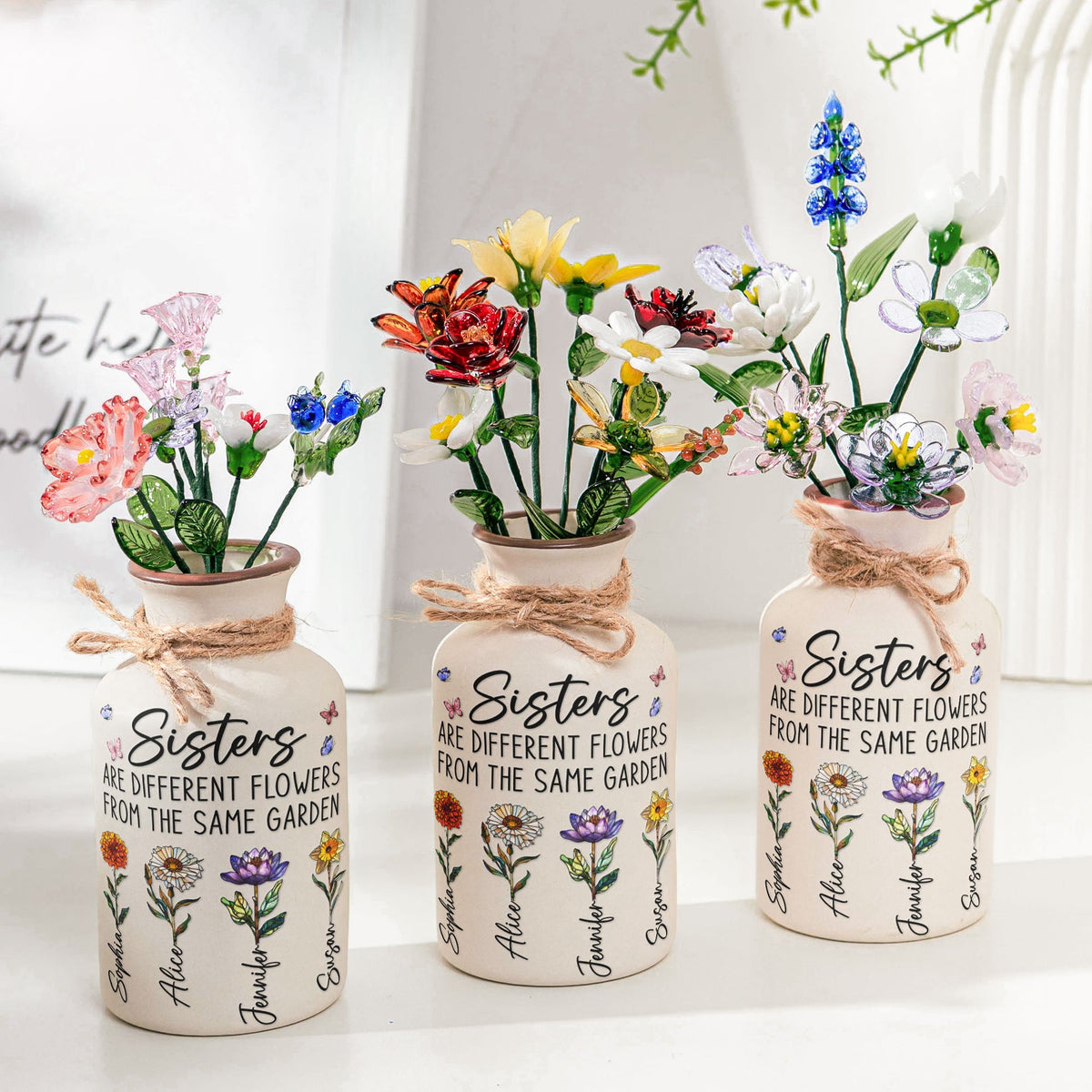 Sisters Are Different Flowers - Personalized Ceramic Vase With Glass Flowers - Gift For Sisters, Siblings, Besties