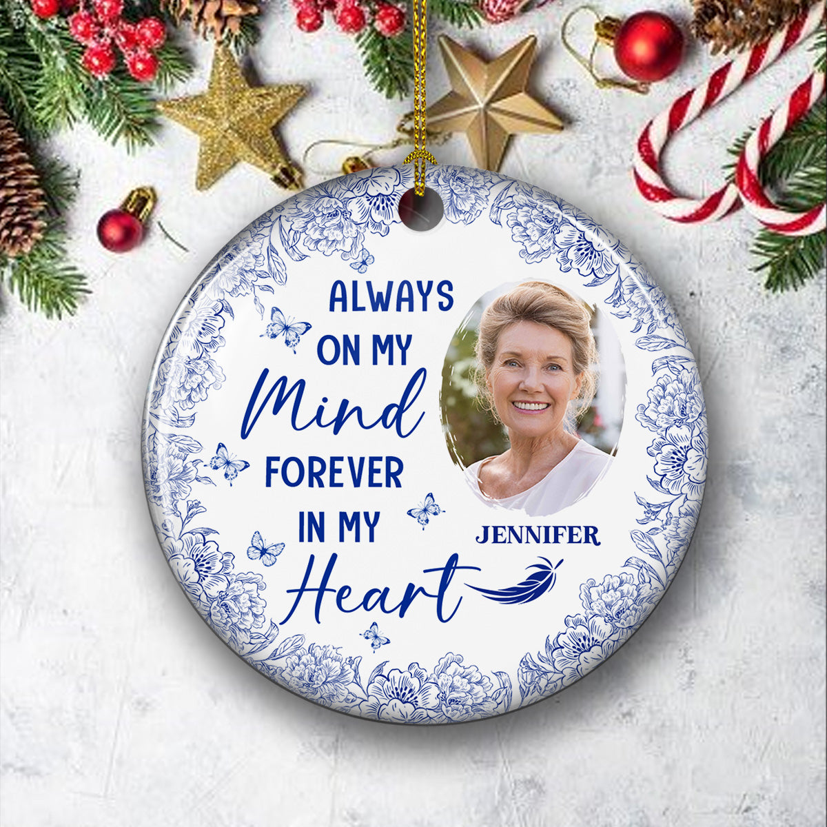 Always On My Mind Blue Toile - Personalized Ornament - Memorial Gift