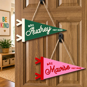 Personalized Teacher Pennant Flag Door Sign, Custom Teacher Name And Grade Sign, Back To School Gift, Teacher Gift, Class Welcome Sign
