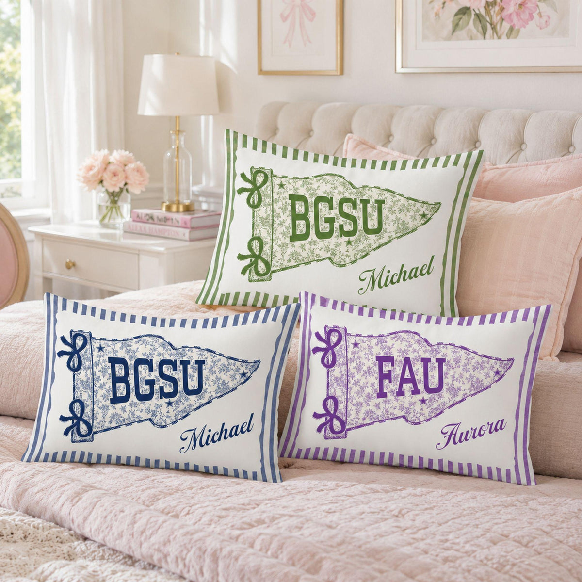 Personalized College Pillow, Custom Name Dorm Decor, Preppy Pennant Pillow, Floral Bow Pillow, Graduation Gift, College Bound Gift