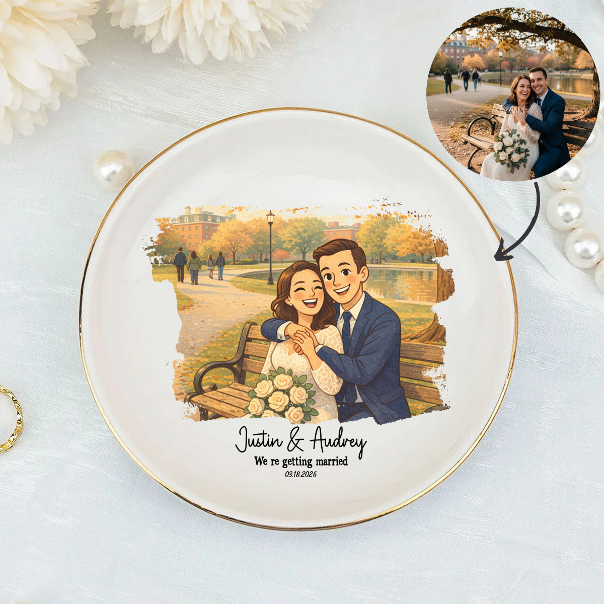 Personalized Proposal Photo Jewelry Dish - Custom Semi-Realistic Cartoon Illustrated Engagement Keepsake Ring Tray with Names & Engaged Date