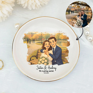 Personalized Proposal Photo Jewelry Dish - Custom Semi-Realistic Cartoon Illustrated Engagement Keepsake Ring Tray with Names & Engaged Date