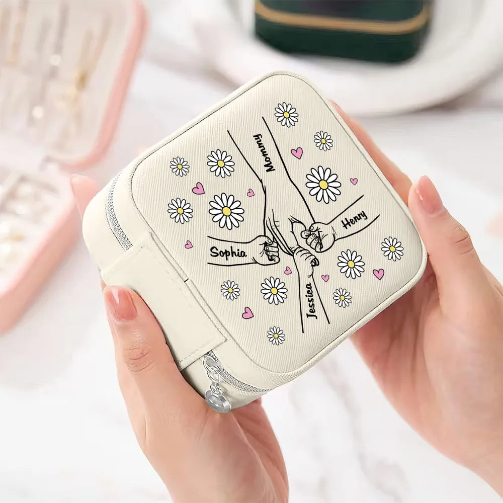 Mom Flower Kids Holding Hand Outline - Personalized Square Jewelry Box - Gift For Mom, Mother's Day, Birthday Gift
