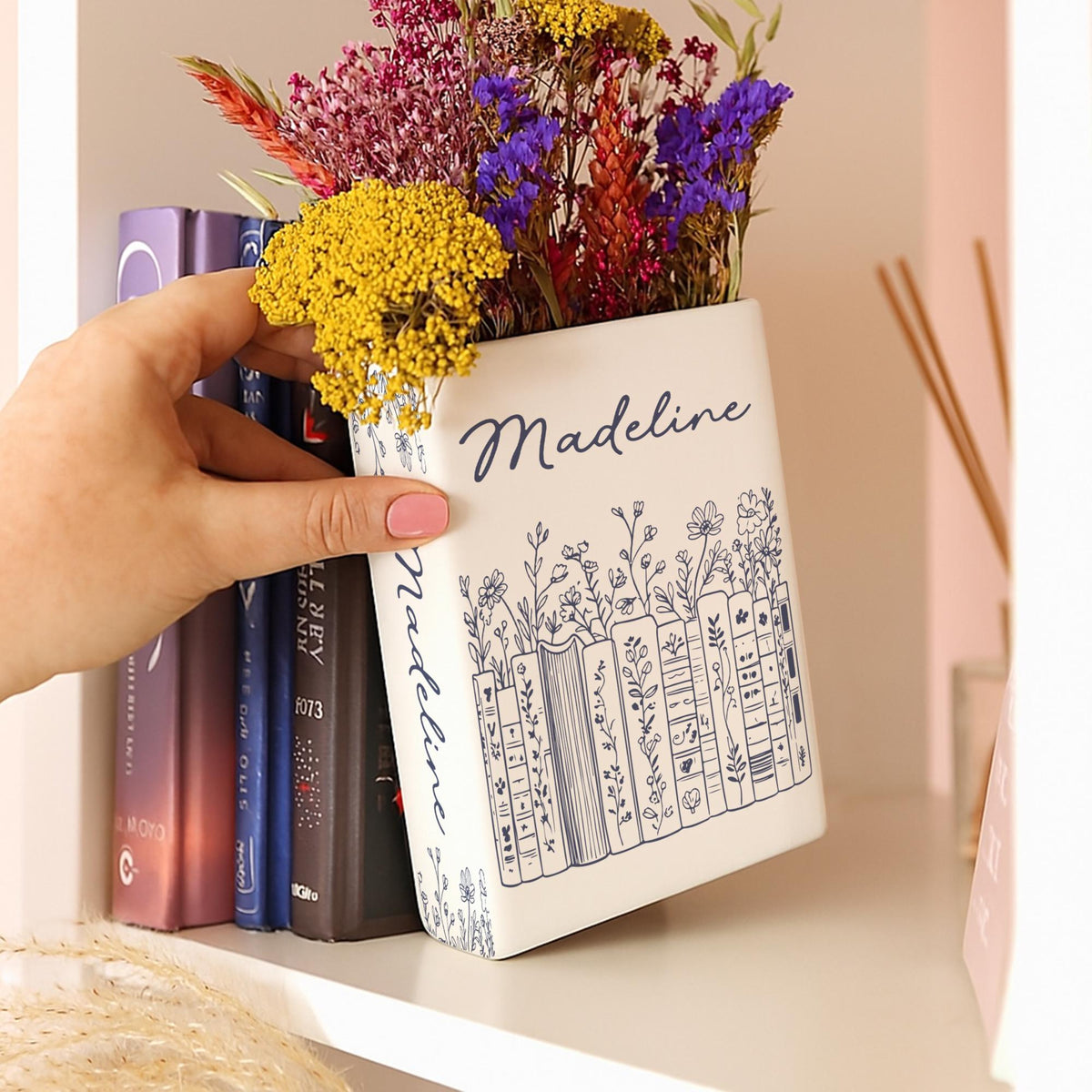 Ceramic Book Vase Customized, Floral Bookshelf Decor, Reading Room Flower Pot, Book Lover Gift, Ceramic Book Flower Vase, Toile De Jouy Vase