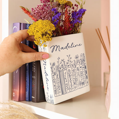 Ceramic Book Vase Customized, Floral Bookshelf Decor, Reading Room Flower Pot, Book Lover Gift, Ceramic Book Flower Vase, Toile De Jouy Vase