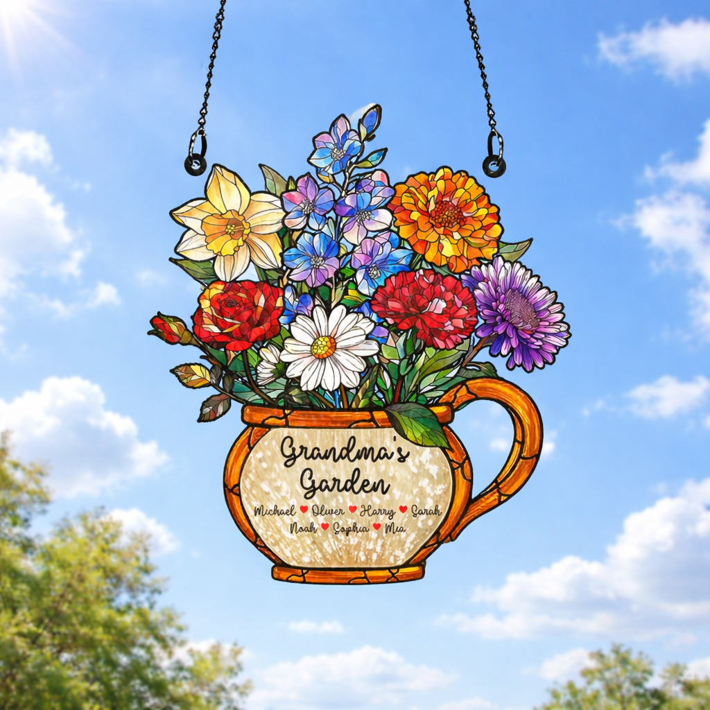 Personalized Grandma's Garden Suncatcher, Birth Month Flower Stained Glass Acrylic Window Hanging, Mother's Day Gift, Grandma Gift, Mom Gift