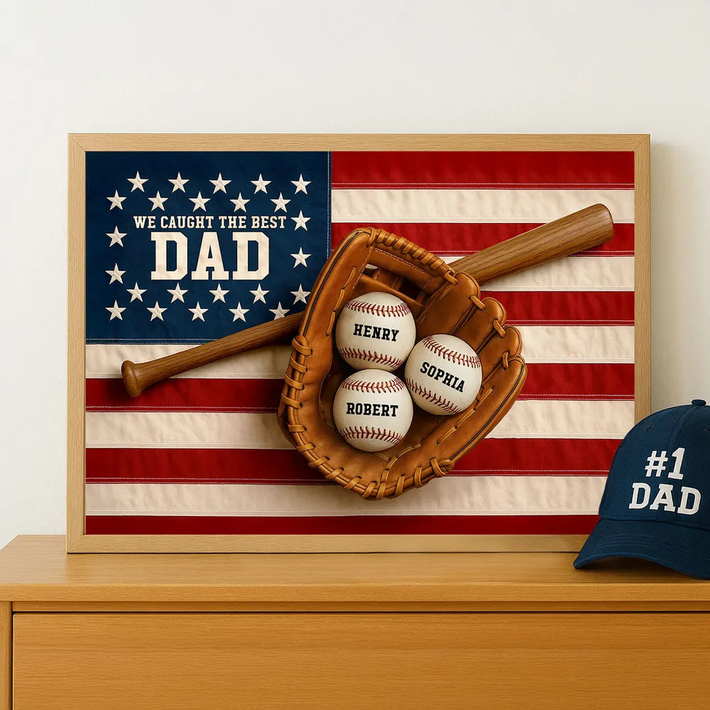 Nation Flag We Caught The Best Dad Baseball 3D Effect Personalized Canvas, Unique Father's Day Gift For Dad
