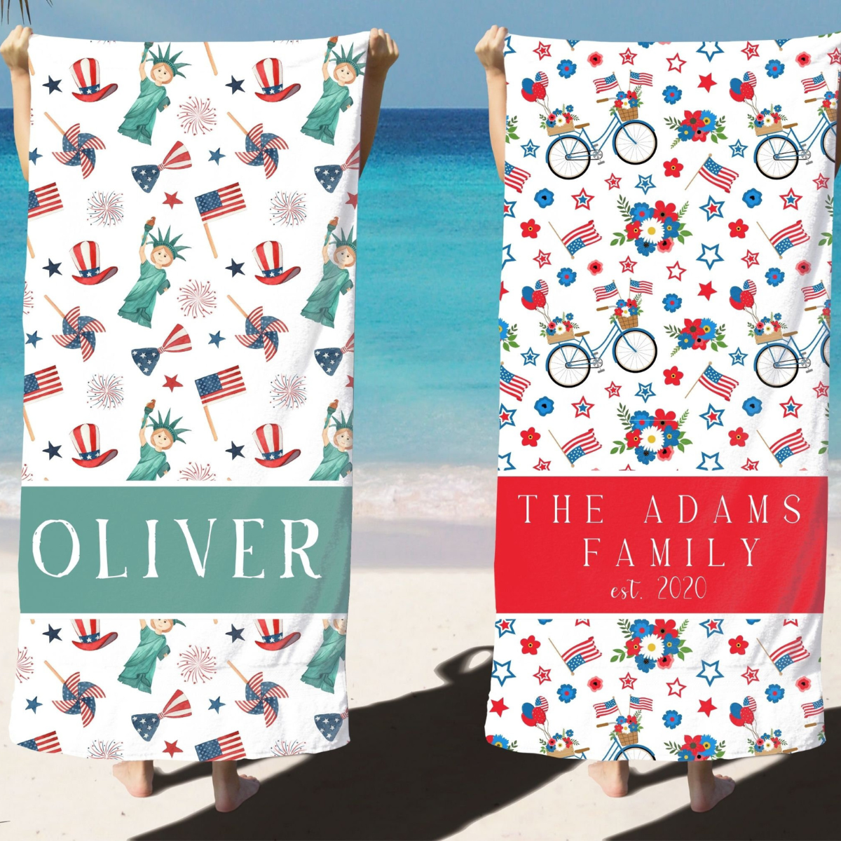 Custom Patriotic Beach Towel for Independence Day Celebration, Personalized 4th of July Beach Towel, Red White Blue Gift American Flag Towel