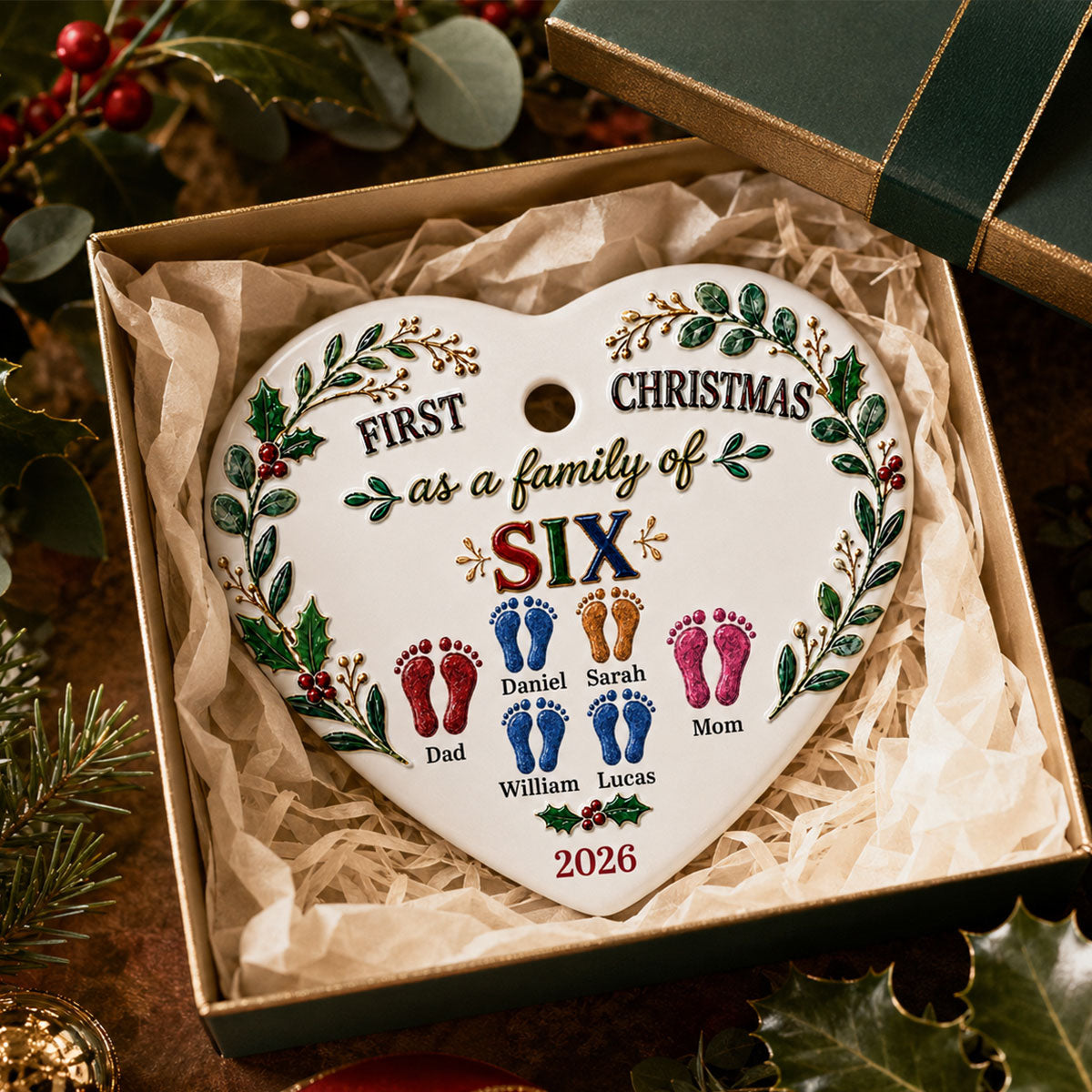 Our First Christmas 2026 - Personalized 3D Effect Heart Ceramic Ornament