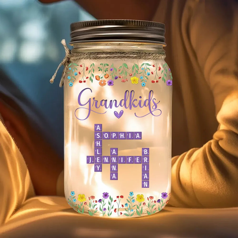 Grandkids Purple Crossword Wildflower Pattern - Personalized Mason Jar Light - Gift For Grandma Mom, Mother's Day, Birthday Gift