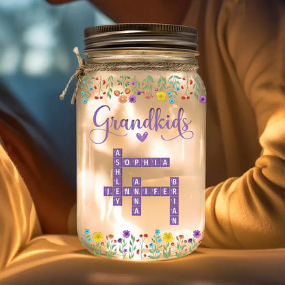 Grandkids Purple Crossword Wildflower Pattern - Personalized Mason Jar Light - Gift For Grandma Mom, Mother's Day, Birthday Gift
