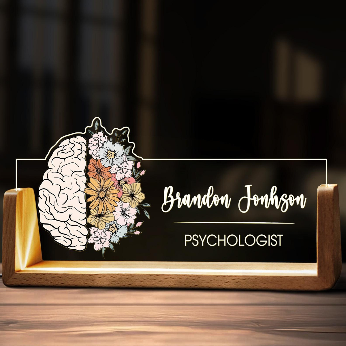 Custom Psychologist Desk Name Plate Personalized Neurologist Psychology Gift Acrylic Wooden Lamp LED Light Office Accessories Tabletop Decor