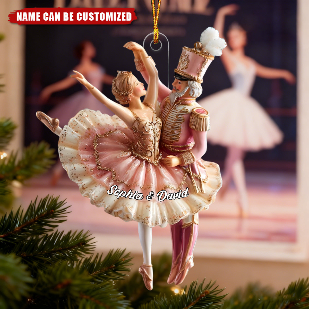 Pink Ballet Girl And Nutcracker Couple - Personalized Acrylic Ornament - Christmas Gift For Ballerina