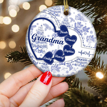 Grandma With Hearts Grandkids' Names Toile De Jouy Style - Personalized Ornament - Gift For Mom Grandma