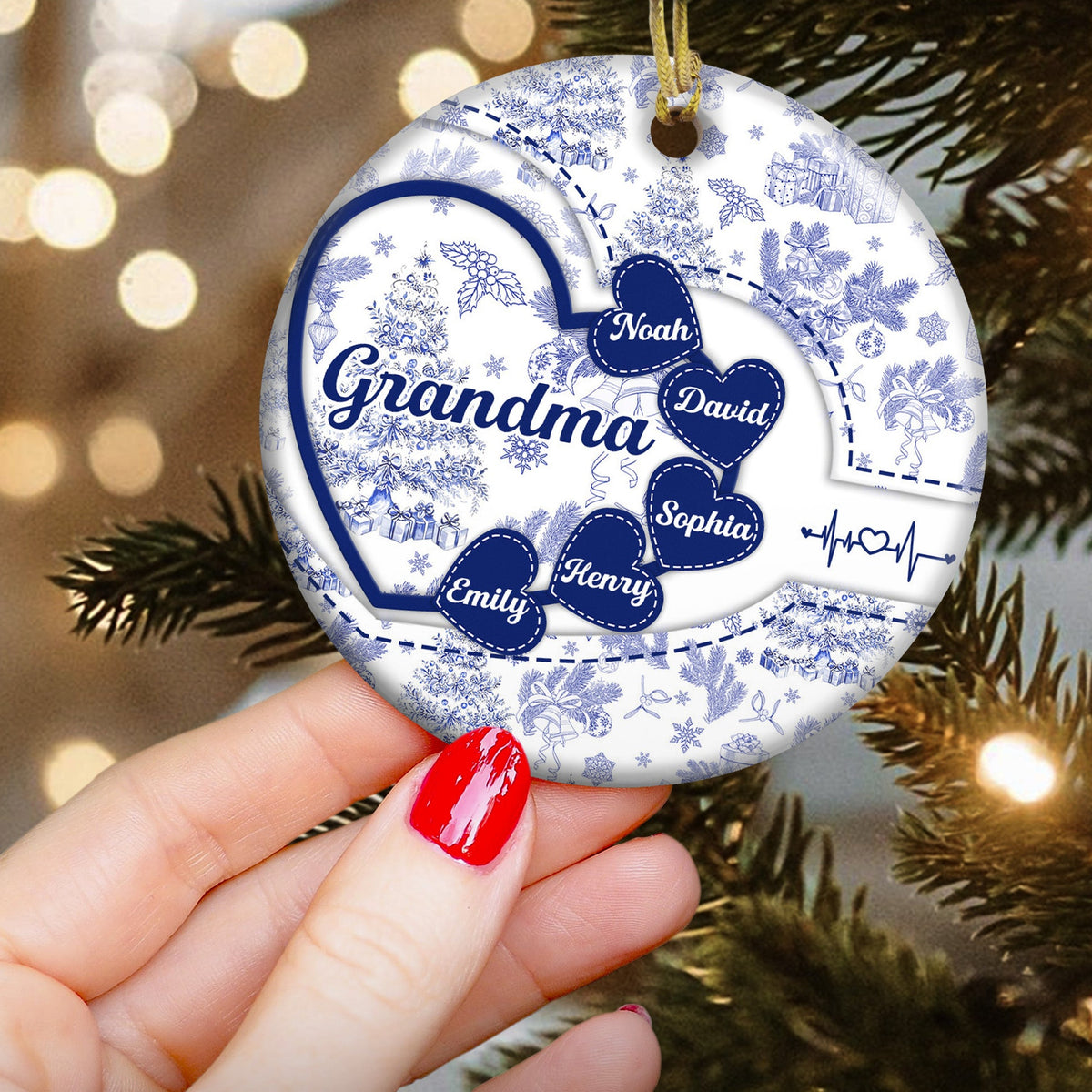 Grandma With Hearts Grandkids' Names Toile De Jouy Style - Personalized Ornament - Gift For Mom Grandma