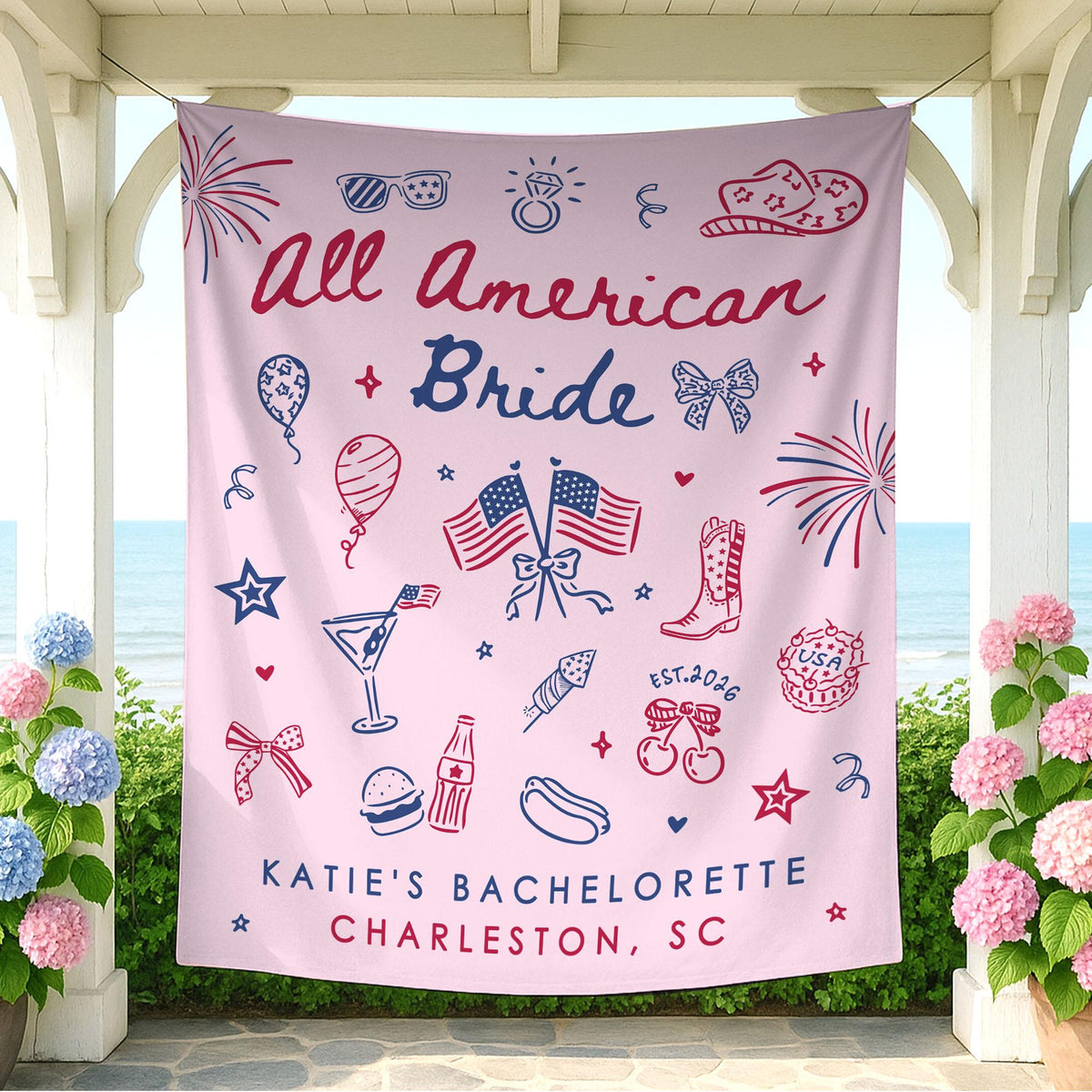 All American Bride Bachelorette Tapestry, Independence Day Bach Banner Decor, Custom Fourth Of July American Backdrop, 4th of July BridalShower