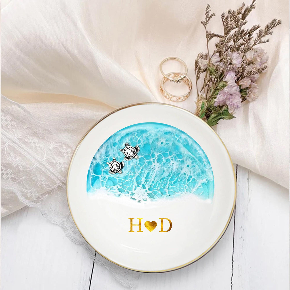 Custom Sea Turtle Couple Ring Dish, Wedding Anniversary Gift, Ocean Jewelry Tray, Engagement Gift, Couples Gift, Wedding Party Favors