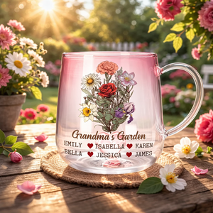Grandma's Flower Bouquet - Personalized Pink Gradient Glass Mug - Gift For Grandma, Mom, Mother's Day Gift