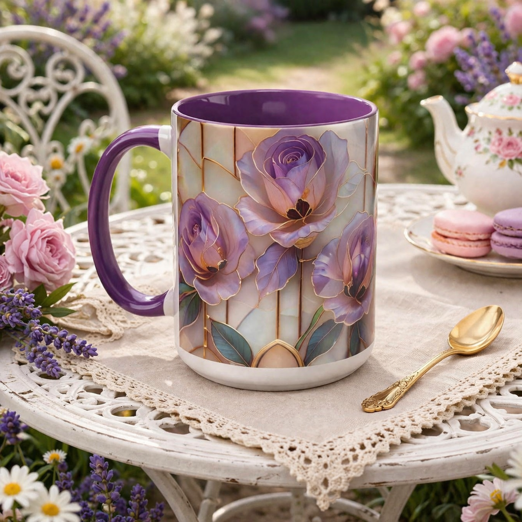 Personalized Purple Rose Stained Glass Mug, Elegant Floral Coffee Cup, Gift For Mom, Sister, Bestie
