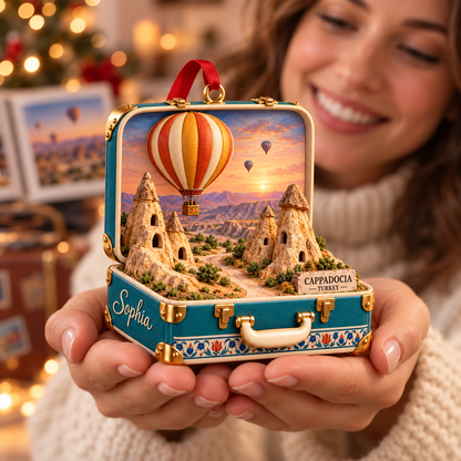 Personalized Cappadocia Turkey 3D Suitcase Christmas Ornament, Custom Name Hot Air Balloon Travel Keepsake, Turkey Vacation Souvenir Gift 3a0033a8-5db4-4ea8-aec9-68bad0a1a98d-Cappadocia-suitcase-ornament-in-warm-hands-2.png