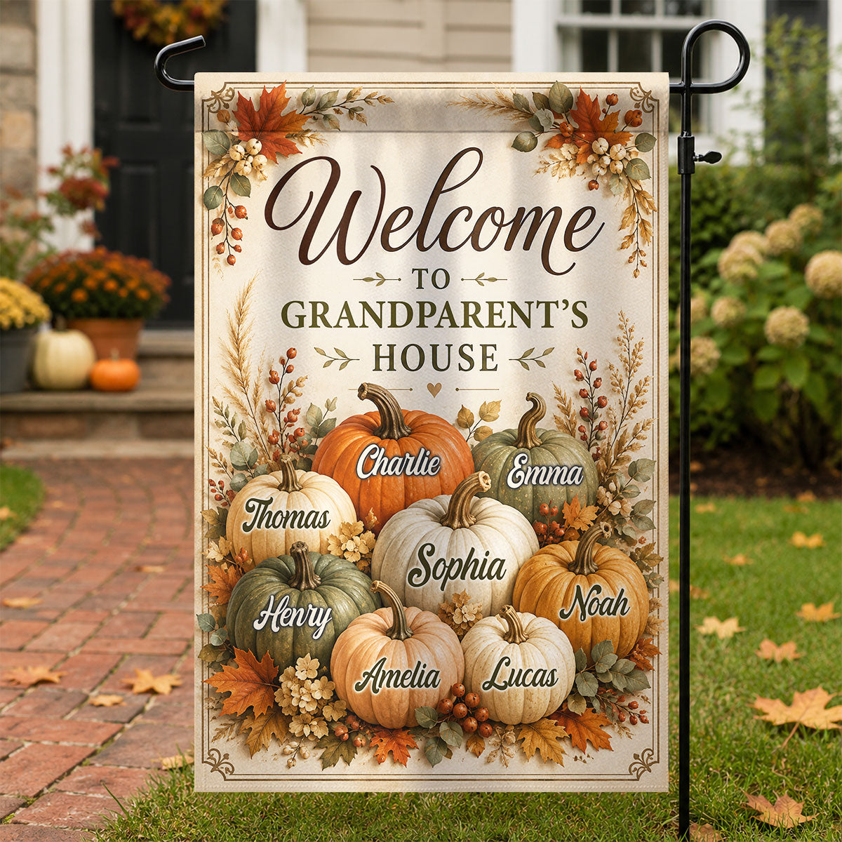 Welcome To Grandparent's House Fall Pumpkin - Personalized Garden Flag - Fall Season Decor Gift, Gift For Grandma, Grandpa 3a6c288c-46bc-4b4c-b028-e90badea5cdb-banner-3.jpg