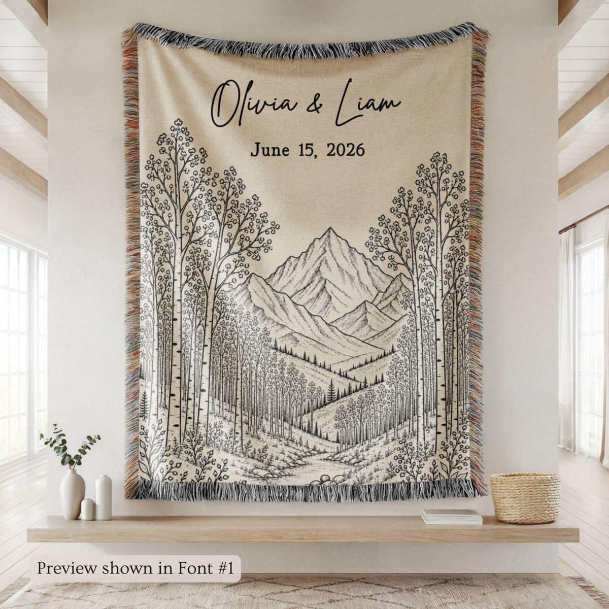 Personalized Mountain Woven Blanket, Custom Couple Name Date Throw, Forest Wedding Gift, Cotton Anniversary Gift for Couples Nature Lovers 3a8e34ce-d27c-487b-9fa9-021948036239-2.jpg