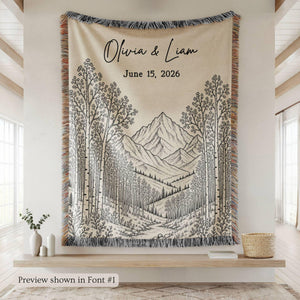 Personalized Mountain Woven Blanket, Custom Couple Name Date Throw, Forest Wedding Gift, Cotton Anniversary Gift for Couples Nature Lovers 3a8e34ce-d27c-487b-9fa9-021948036239-2.jpg